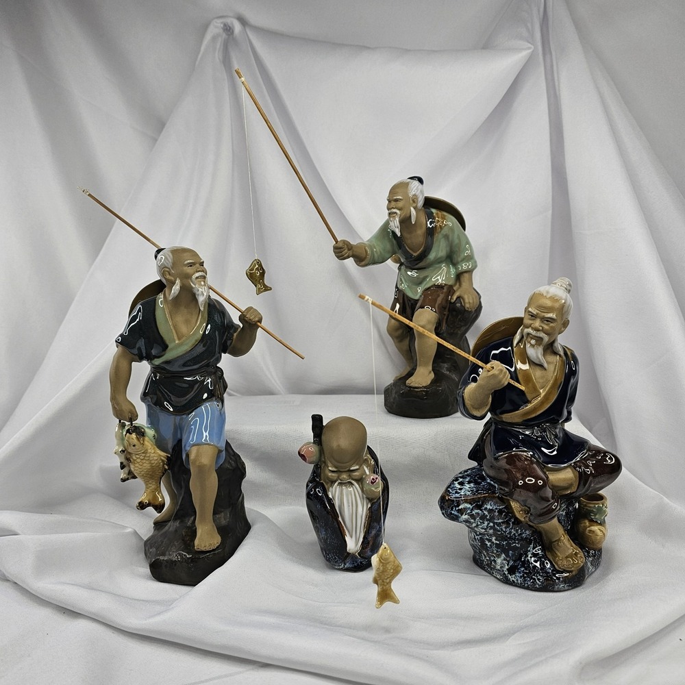Set of 4Chinese Mudmen Clay Fishermen Figurines Ceramic Glaze.